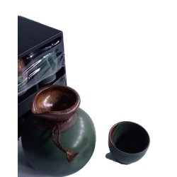 Traditional Japanese Ceramic Tea cup Set, Round Sake Jug Green with Thumb Indent